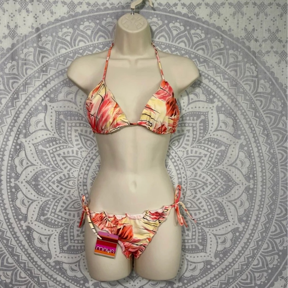 Nwt $185 Maya Swimwear Rare Scrunch Ruffle Bikini Swim Tropical Orange Large L